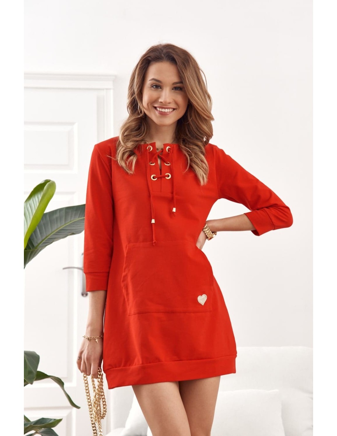 Dress/tunic with a tied neckline red FI600 - Online store - Boutique